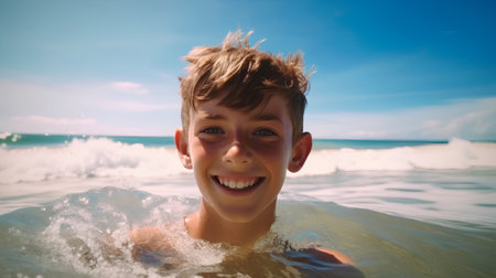 Portrait of a smiling boy swimming in the sea on a sunny dayの素材