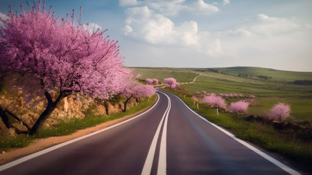 Beautiful spring landscape with road and blossoming trees Retro styleの素材