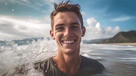 Portrait of a smiling young man standing in the sea and looking at cameraの素材
