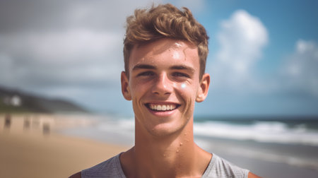 Portrait of handsome young man smiling at the beach on a sunny dayの素材