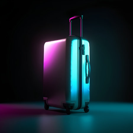 Suitcase on dark background. 3D rendering. Neon style.の素材