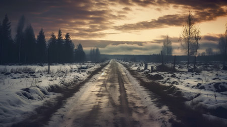 Winter road in the forest at sunset. Vintage stylized photo.の素材
