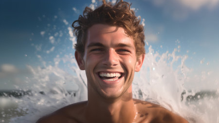 Portrait of a young smiling man splashing in the water on the beachの素材