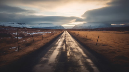 Icelandic landscape with a road in the middle of the fieldの素材
