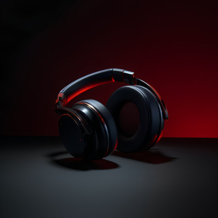 Black headphones on a dark background. 3d render. Music conceptの素材