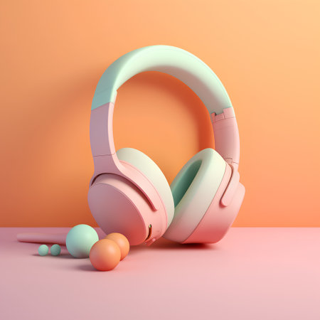 3d rendering of pink and turquoise headphones on orange backgroundの素材