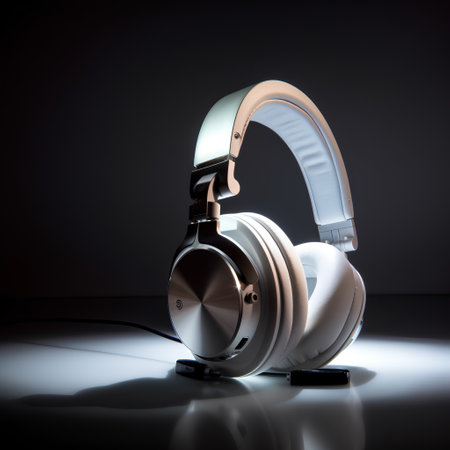 White headphones on a dark background. 3D rendering. Front view.の素材
