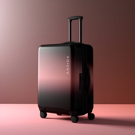 3d rendering of a black suitcase on a pink background with shadowの素材