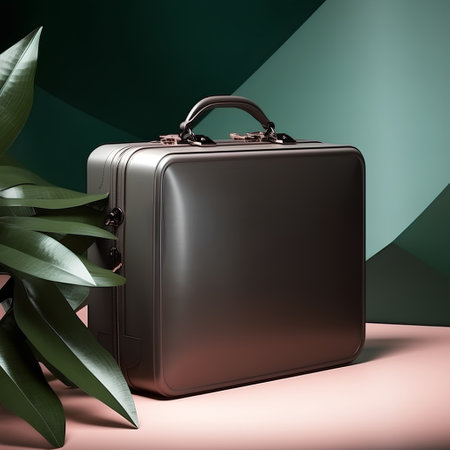 Black leather briefcase with green leaves on a pink-green backgroundの素材