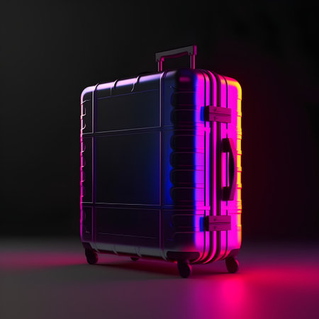 3d rendering of a suitcase in neon light on a dark backgroundの素材