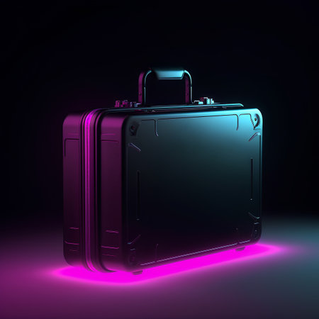 Suitcase in neon style on dark background. 3d renderingの素材