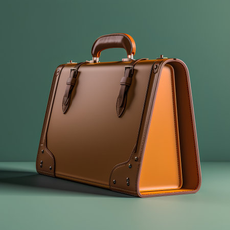 Brown leather suitcase on a green background. 3d render illustration.の素材