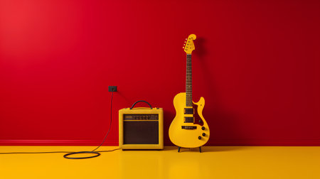 Yellow electric guitar and amplifier on a red wall. 3d renderingの素材