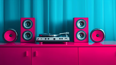 3d illustration of pink turquoise interior with speakers and vinyl playerの素材