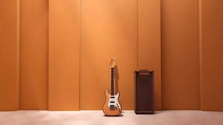 3d render of electric guitar and speaker on orange wall background.の素材