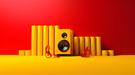 3d illustration of music speaker and headphones on a red background.の素材