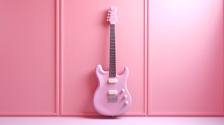 Pink electric guitar on a pink wall. 3d render illustration.の素材