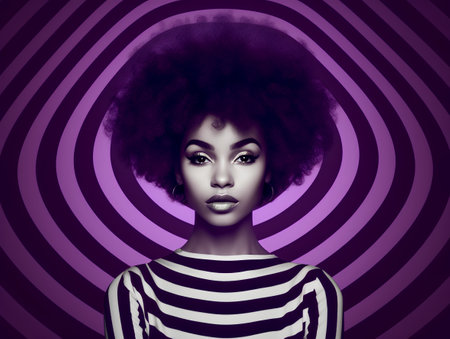 Beautiful african american woman with afro hairstyle on purple backgroundの素材