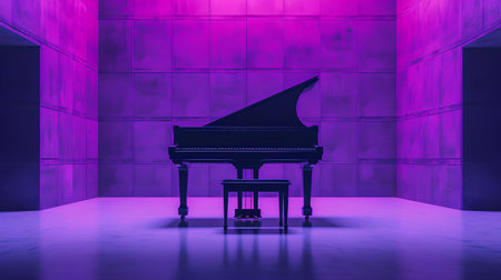 3d rendering of a black grand piano in an empty room with purple wallの素材
