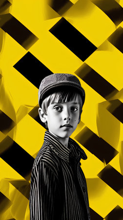Portrait of a boy in a cap on a yellow background.の素材
