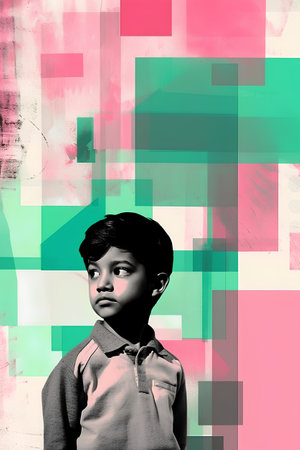 Digital composite of Little boy against green and pink background with geometric patternの素材