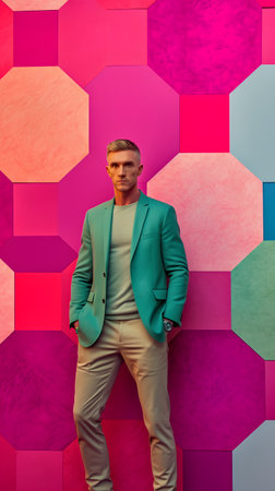 Handsome young man in green suit posing in front of colorful backgroundの素材