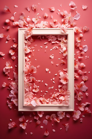 Frame with pink flower petals on pink background. 3d renderingの素材