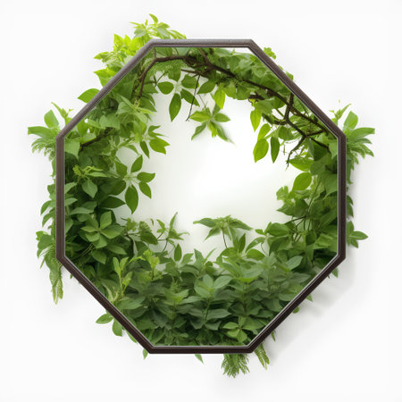 Green leaves in hexagon frame isolated on white background, top viewの素材