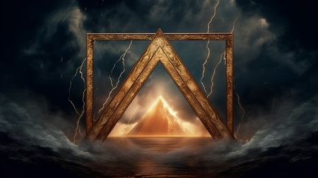 Mystical landscape with fire and wooden frame on a dark backgroundの素材