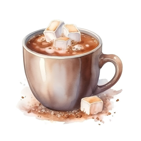 Cup of hot chocolate with ice cubes. Watercolor illustration.の素材