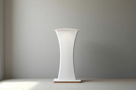 3d render of a white stand for exhibit in a room with a gray wallの素材