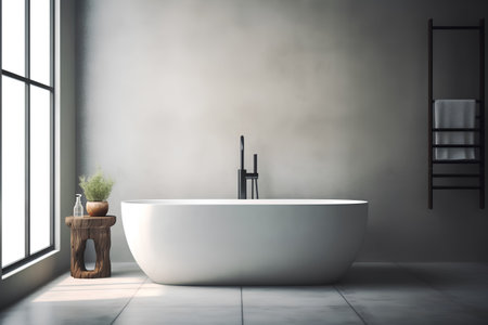 Interior of modern bathroom with white bathtub, concrete floor and panoramic window. 3d renderingの素材