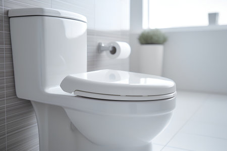 White toilet bowl in the modern bathroom. 3d render illustration.の素材