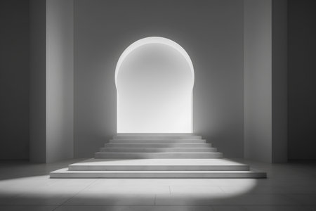 Staircase in a dark room with an arch, 3d renderの素材