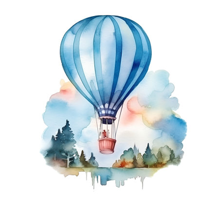 Watercolor hot air balloon in the sky. Watercolor illustration.の素材