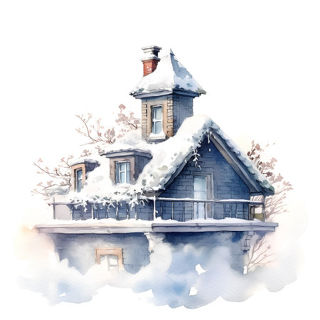 Watercolor illustration of a winter house with snow on the roof.の素材