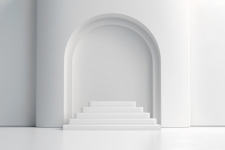 White stairs with arch in empty room. 3d render illustration.の素材