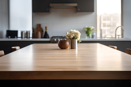 Wooden table in modern kitchen interior. Blurred background, selective focusの素材