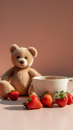 Cup of tea with teddy bear and strawberries on color backgroundの素材