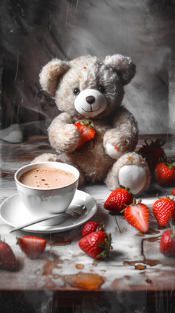 Cup of coffee with strawberries and teddy bear on wooden tableの素材
