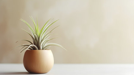 Potted houseplant on a wooden table and beige wall backgroundの素材