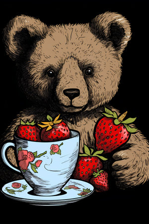 Cute teddy bear with a cup of strawberries. Vector illustration.の素材