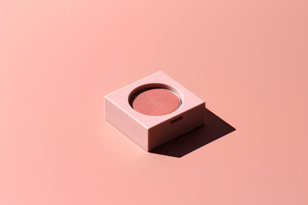 Pink compact powder box on pink background. Minimal beauty concept.の素材