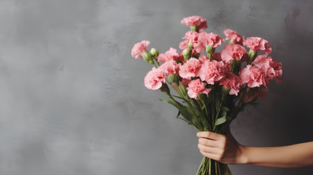 Female hand holding bouquet of pink carnation flowers on grey backgroundの素材