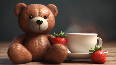 Teddy bear with cup of tea and strawberry on wooden table.の素材