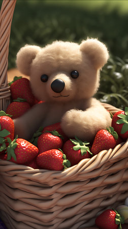 Teddy bear with strawberries in a basket. 3d rendering.の素材