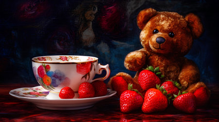 Cup of tea with strawberries and teddy bear on a dark backgroundの素材