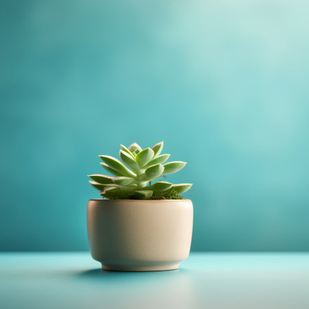 Succulent plant in a pot on turquoise background.の素材