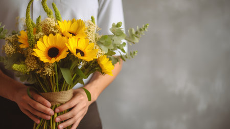 Bouquet of sunflowers in the hands of a florist