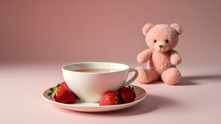 Cup of tea with strawberry and teddy bear on pink backgroundの素材